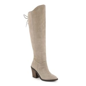 Lucky Brand Womens Knee High Leather Lace-Up Boots Size 5 Light Taupe Nubuck EUC